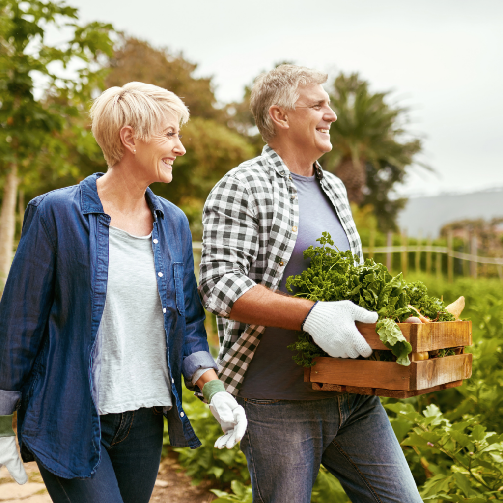Older couple doing gardening.